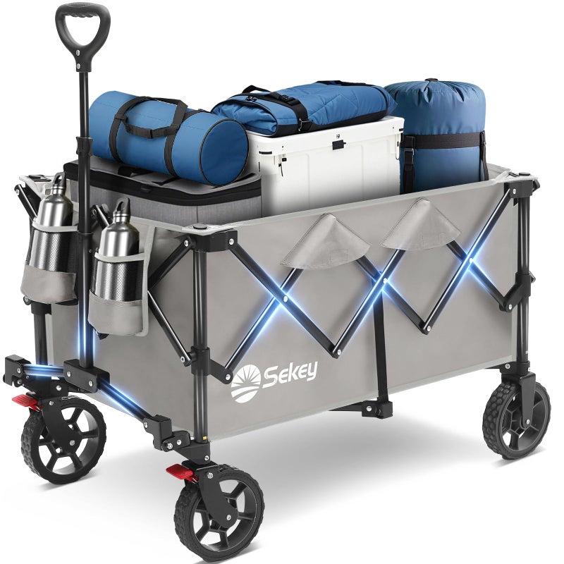 Sekey Collapsible Foldable Wagon with 330lbs Weight Capacity, Heavy Duty Folding Wagon Cart with Big All-Terrain Wheels & Drink Holders. Gray - Image 1