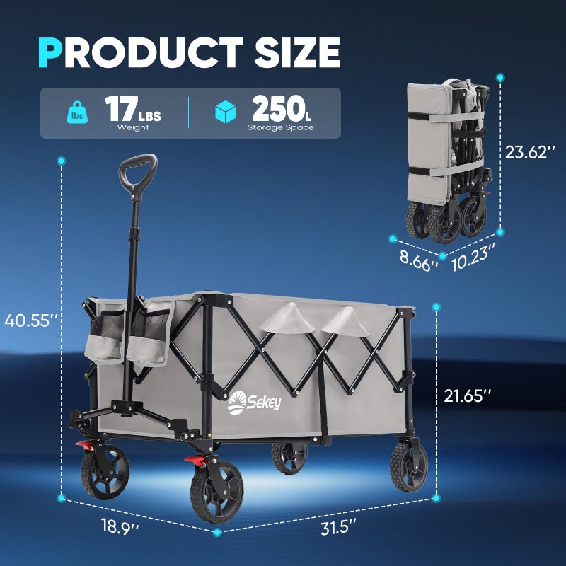 Sekey Collapsible Foldable Wagon with 330lbs Weight Capacity, Heavy Duty Folding Wagon Cart with Big All-Terrain Wheels & Drink Holders. Gray - Image 2