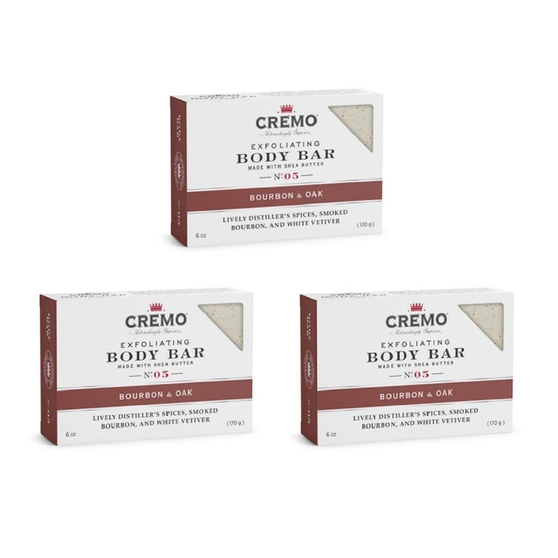 Cremo Bourbon & Oak Exfoliating Body Bars (3-Pack) - A Sophisticated Blend of Distillerâ€™s Spice, Fine Bourbon and White Oak - Image 1