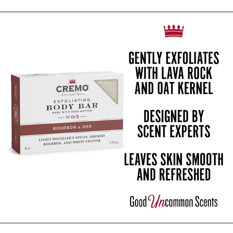 Cremo Bourbon & Oak Exfoliating Body Bars (3-Pack) - A Sophisticated Blend of Distillerâ€™s Spice, Fine Bourbon and White Oak - Image 3