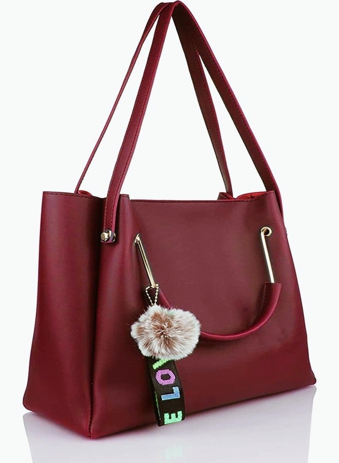 LIKE STYLE Stylish Shoulder Bag with Tassels, Women Top-Handle Handbag with Pompom, Purse for Women (Maroon) - Image 4