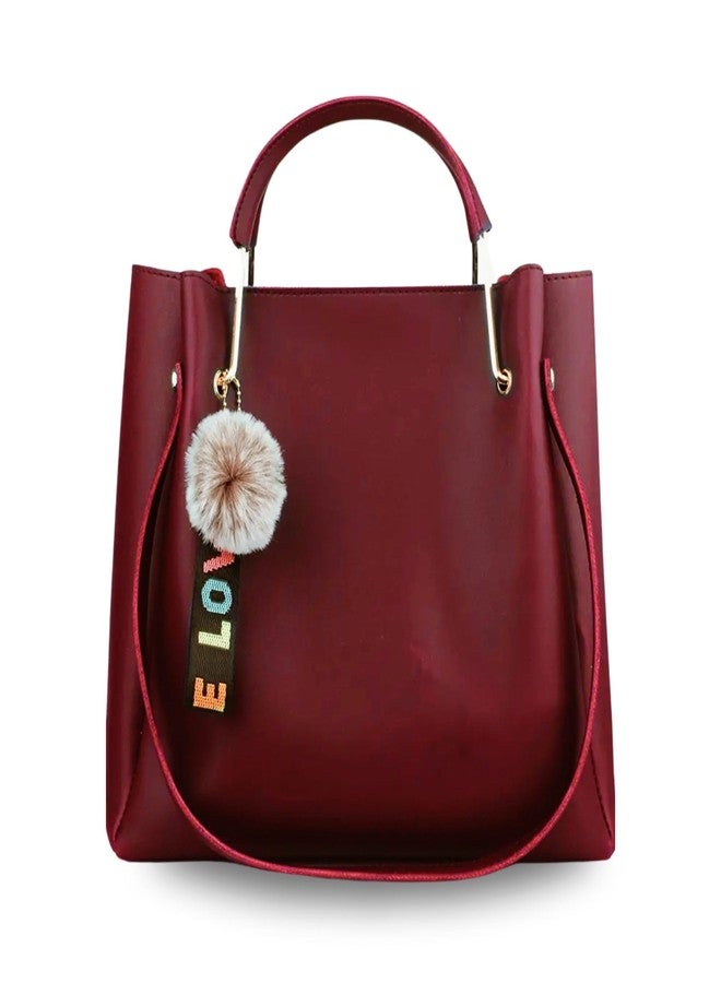 LIKE STYLE Stylish Shoulder Bag with Tassels, Women Top-Handle Handbag with Pompom, Purse for Women (Maroon) - Image 1