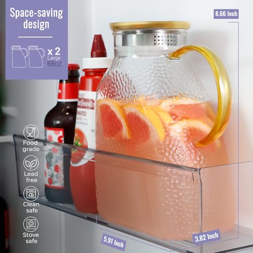 WARMSIMPLE 2 Pack Glass Pitcher With Handle And Lid, Large 2 Liter Glass Water Pitcher For Fridge, 68oz glass Tea pitcher Hot And Cold Iced Juice Coffee Milk, Jug Carafe For Beverages Drink - Image 2