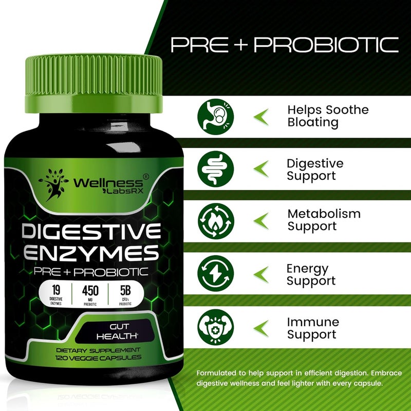 WELLNESS LABSRX Digestive Enzymes with Probiotics and Prebiotics 450mg 5 Billion CFUs  Pure Super Digestion Capsules  Digestive Enzymes for Women  Men Support Digestion  Gut Health  120 Count - Image 3
