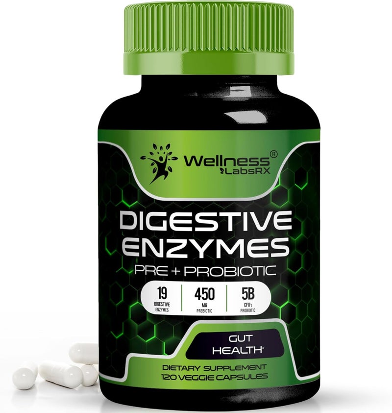 WELLNESS LABSRX Digestive Enzymes with Probiotics and Prebiotics 450mg 5 Billion CFUs  Pure Super Digestion Capsules  Digestive Enzymes for Women  Men Support Digestion  Gut Health  120 Count - Image 1