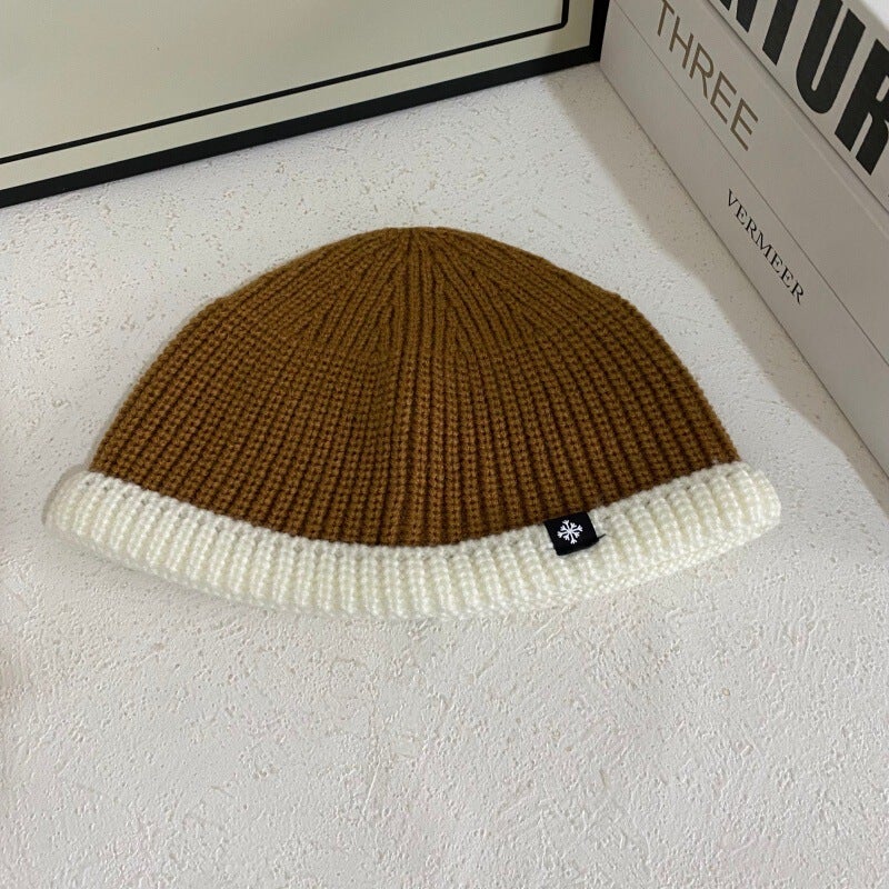 Color Block Beanie Unisex Autumn Winter Short Brim Skullcap Hat Acrylic - Image 1