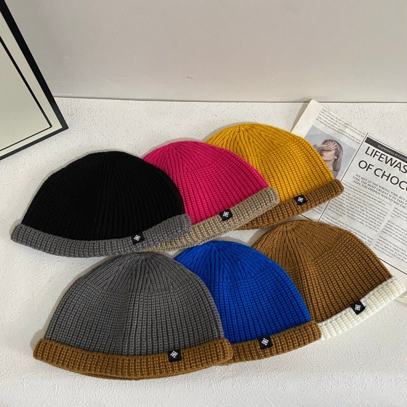 Color Block Beanie Unisex Autumn Winter Short Brim Skullcap Hat Acrylic - Image 2