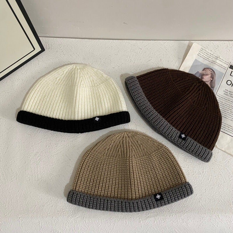 Color Block Beanie Unisex Autumn Winter Short Brim Skullcap Hat Acrylic - Image 3