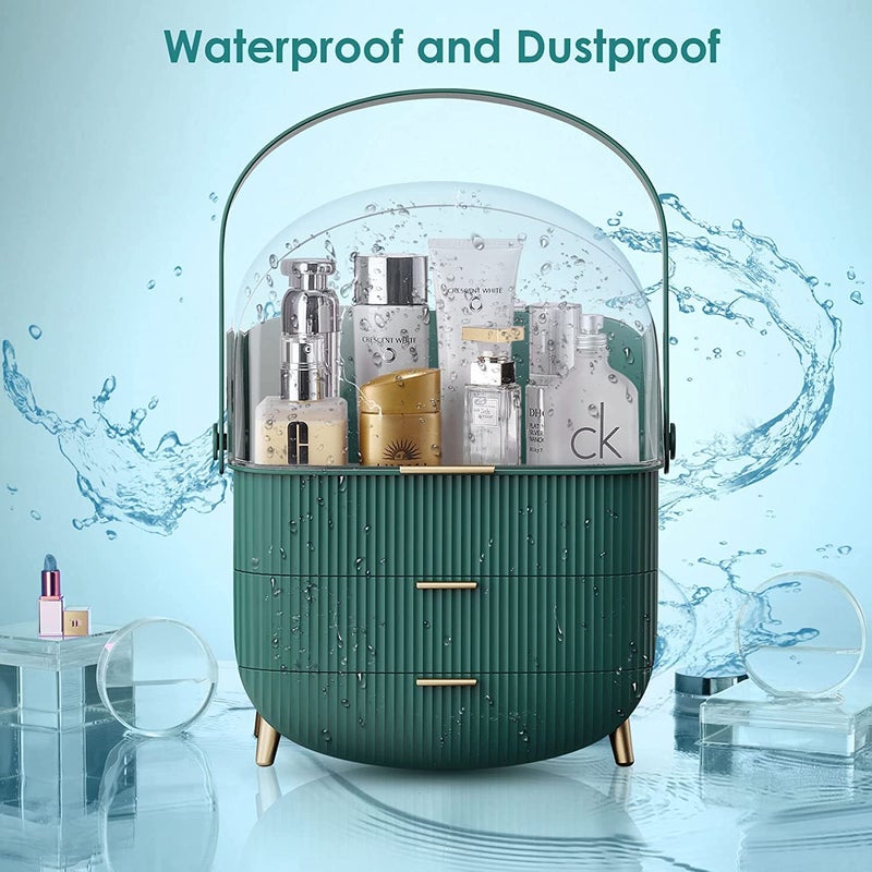 Deoxys Makeup Organiser Storage Box - Cosmetics, Skincare and Beauty Case with Clear Lid Display and 2 Drawers - Bathroom Counter or Vanity - Green - Image 4