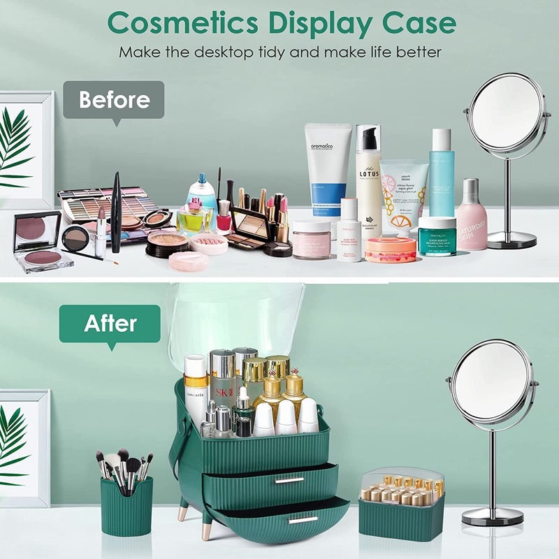 Deoxys Makeup Organiser Storage Box - Cosmetics, Skincare and Beauty Case with Clear Lid Display and 2 Drawers - Bathroom Counter or Vanity - Green - Image 2