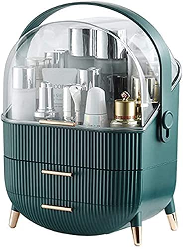 Deoxys Makeup Organiser Storage Box - Cosmetics, Skincare and Beauty Case with Clear Lid Display and 2 Drawers - Bathroom Counter or Vanity - Green - Image 1