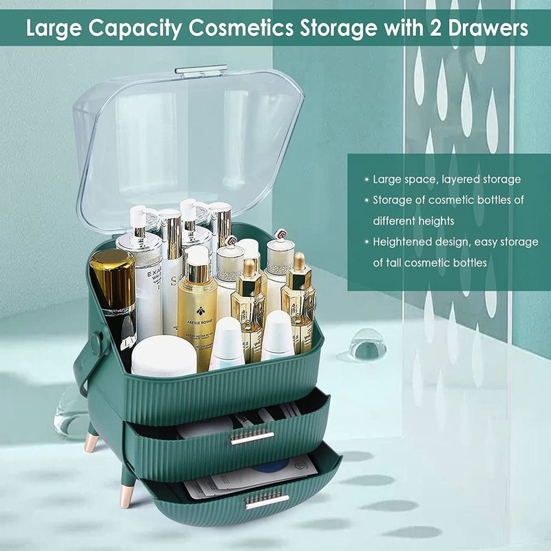 Deoxys Makeup Organiser Storage Box - Cosmetics, Skincare and Beauty Case with Clear Lid Display and 2 Drawers - Bathroom Counter or Vanity - Green - Image 3