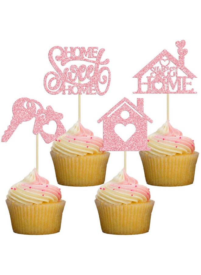 Ephlyn 24Pcs Sweet Home Cupcake Toppers Glitter Welcome Home Cupcake Picks Key Lock Housewarming Cupcake Toppers New Home Theme Party Cake Decorations Supplies Pink - Image 1