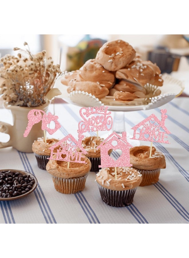 Ephlyn 24Pcs Sweet Home Cupcake Toppers Glitter Welcome Home Cupcake Picks Key Lock Housewarming Cupcake Toppers New Home Theme Party Cake Decorations Supplies Pink - Image 5