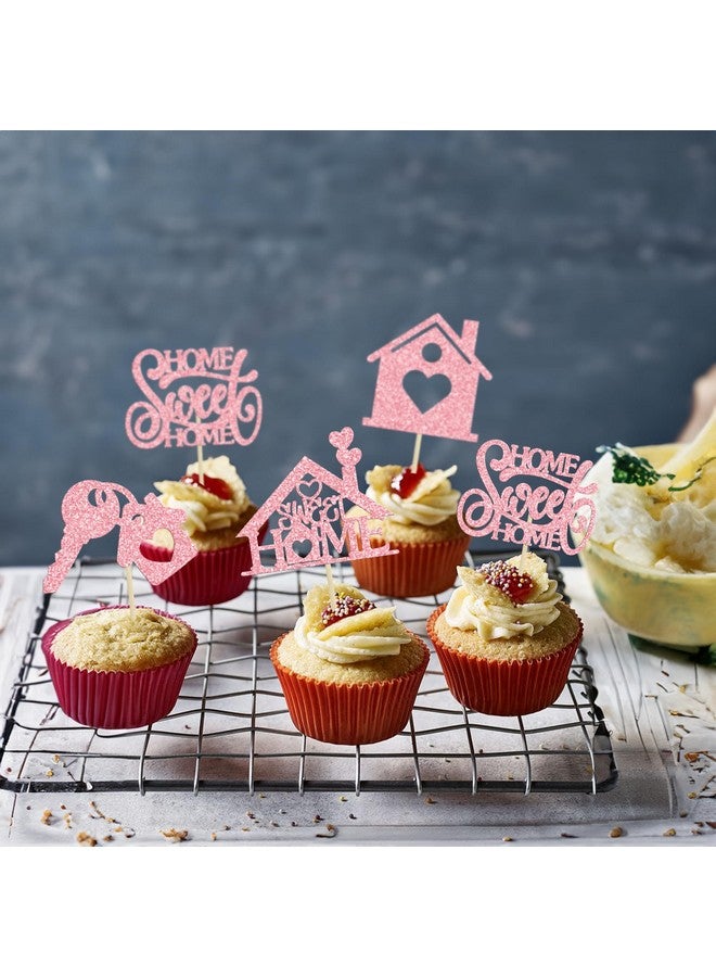 Ephlyn 24Pcs Sweet Home Cupcake Toppers Glitter Welcome Home Cupcake Picks Key Lock Housewarming Cupcake Toppers New Home Theme Party Cake Decorations Supplies Pink - Image 4