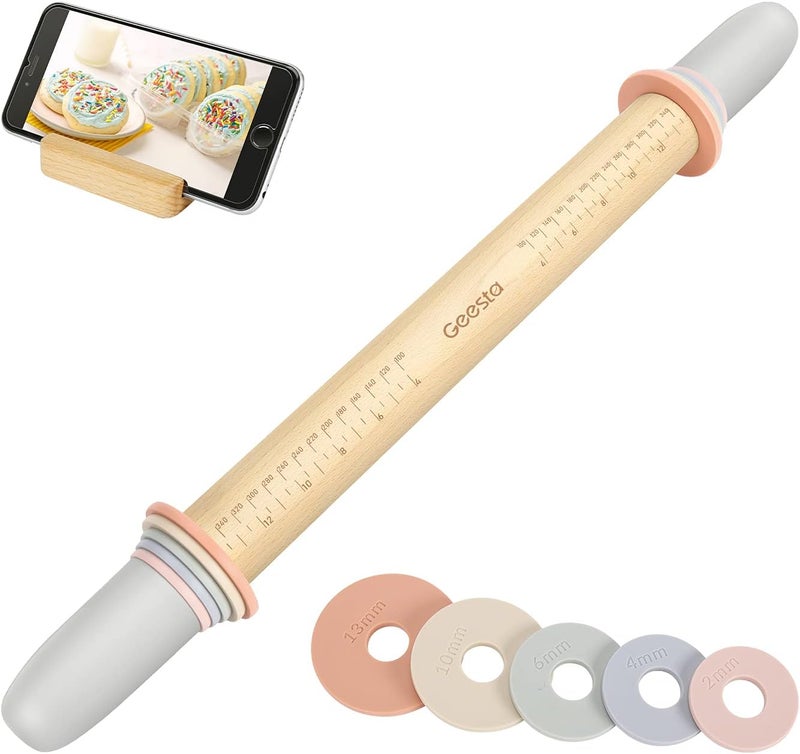 Geesta Adjustable Wood Rolling Pin with 5 Thickness Rings, Precise Dough Roller Handle Press Design with Measurement Guide for Fondant, Pizza, Pie Crust, Cookie, Pastry Baking Decorating Accessories - Image 1