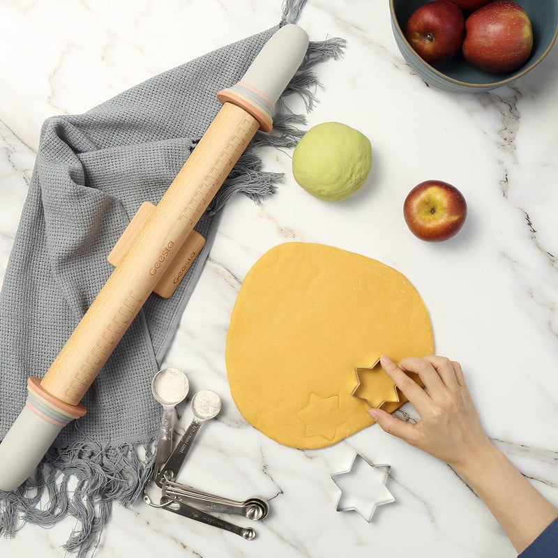 Geesta Adjustable Wood Rolling Pin with 5 Thickness Rings, Precise Dough Roller Handle Press Design with Measurement Guide for Fondant, Pizza, Pie Crust, Cookie, Pastry Baking Decorating Accessories - Image 2
