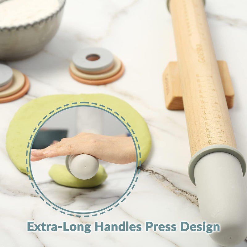 Geesta Adjustable Wood Rolling Pin with 5 Thickness Rings, Precise Dough Roller Handle Press Design with Measurement Guide for Fondant, Pizza, Pie Crust, Cookie, Pastry Baking Decorating Accessories - Image 5