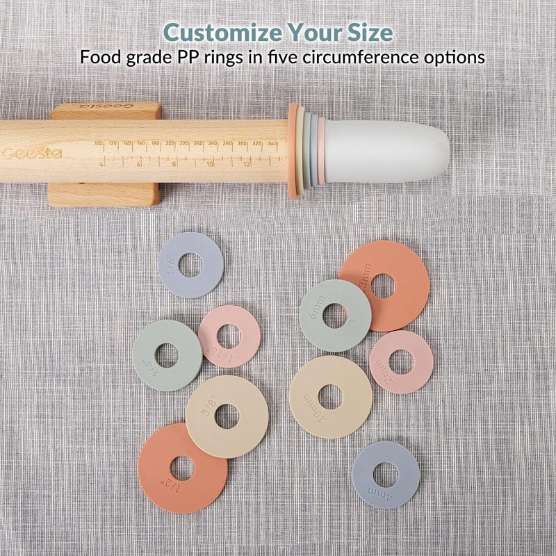 Geesta Adjustable Wood Rolling Pin with 5 Thickness Rings, Precise Dough Roller Handle Press Design with Measurement Guide for Fondant, Pizza, Pie Crust, Cookie, Pastry Baking Decorating Accessories - Image 3