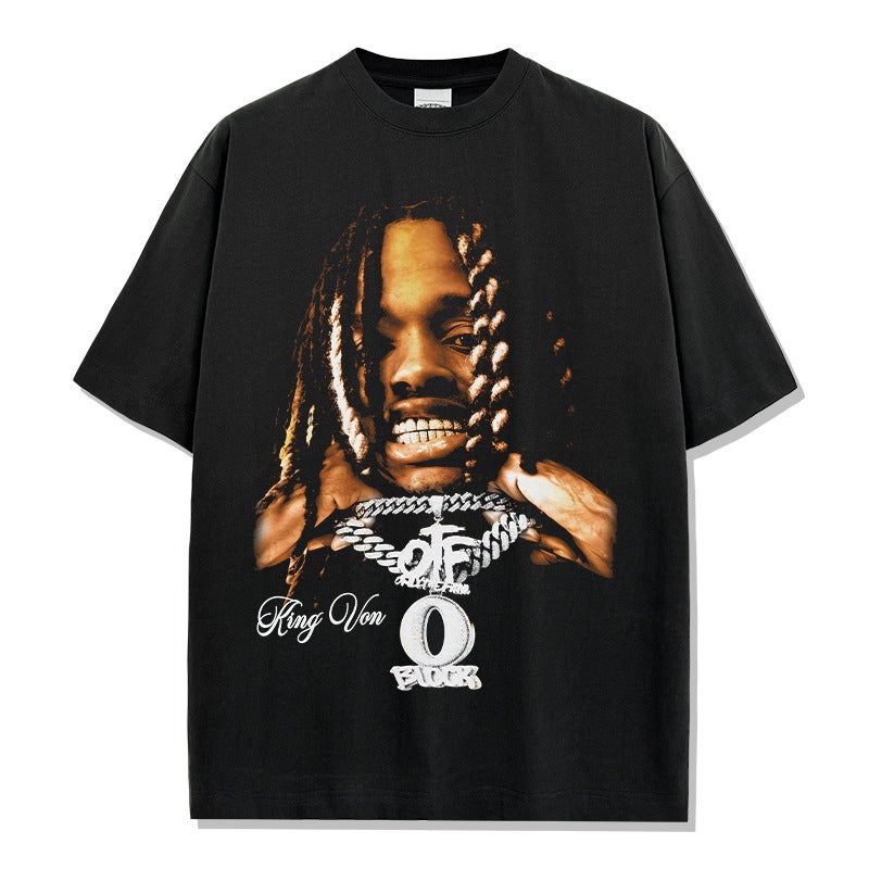 Cross-border American Hip-hop King Von Printed Washed Short-sleeved T-shirt Crewneck Long-sleeved Hooded Sweat Men black short sleeve