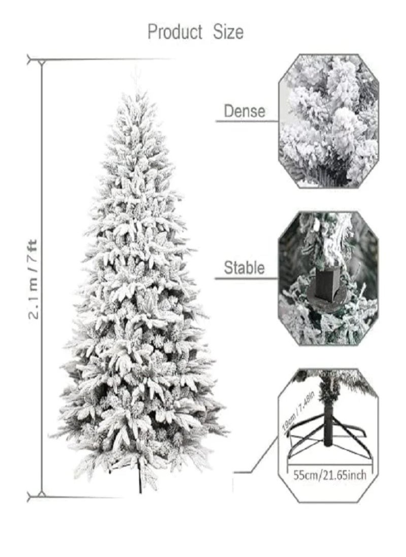 Snow White Christmas Tree 7 Feet Holiday Snow Spruce Tree for Home and Office 210cm tall with 1100 branch limbs complete, easy to assemble, metal stand