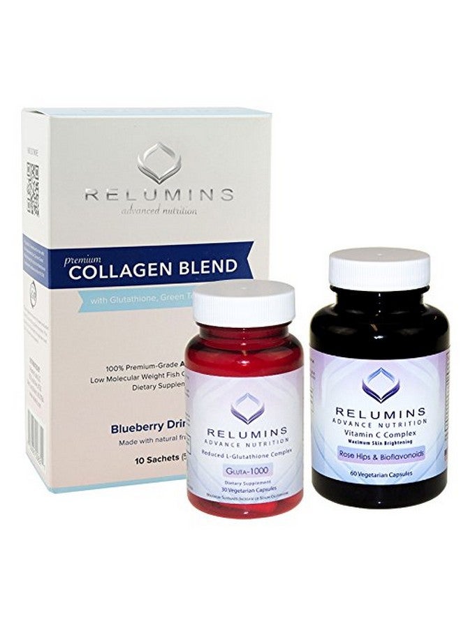 RELUMINS New Premium Collagen 30 Glutathione Complex + 60 Vitamin C Complex + 10Pak Blueberry Drink Mix Summer Glow Set - Image 1