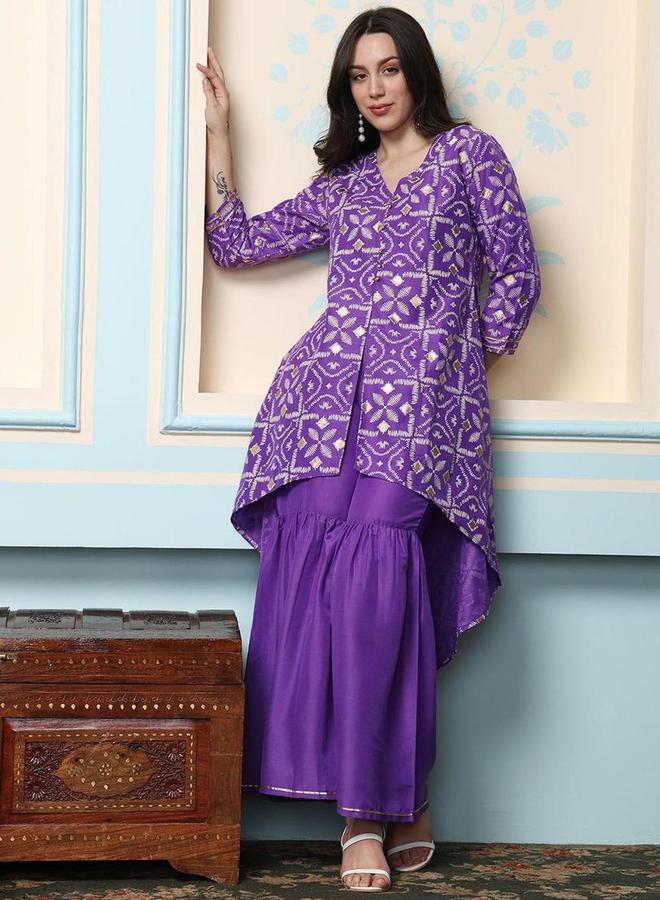 آي شين طقم كورتا وشرارة بطبعة إيشين وياقة على شكل حرف - Image 1