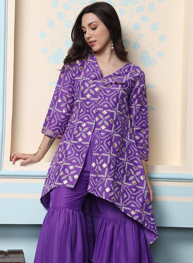 آي شين طقم كورتا وشرارة بطبعة إيشين وياقة على شكل حرف - Image 2