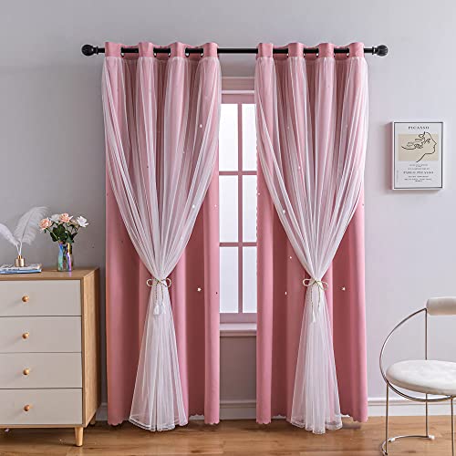 FANLI 2 Panels Star Blackout Curtains for Kid Girls Bedroom Living Room Darking Stripe Double Layer Star Cut Out Wall Home Decor Gradient Grommet Window Curtains (Pink 63L) - Image 5
