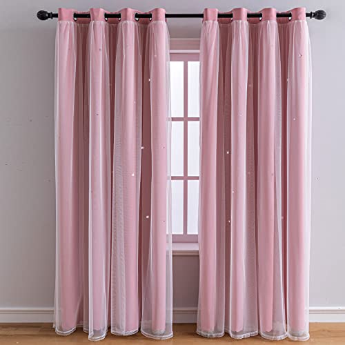 FANLI 2 Panels Star Blackout Curtains for Kid Girls Bedroom Living Room Darking Stripe Double Layer Star Cut Out Wall Home Decor Gradient Grommet Window Curtains (Pink 63L) - Image 1