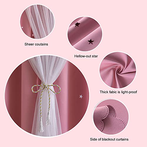 FANLI 2 Panels Star Blackout Curtains for Kid Girls Bedroom Living Room Darking Stripe Double Layer Star Cut Out Wall Home Decor Gradient Grommet Window Curtains (Pink 63L) - Image 3
