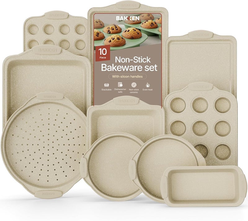 BAKKENMASTER BAKKEN Kitchen Oven Baking Pans - Nonstick Gray Coating, Carbon Steel Bakeware Set with White Silicone Handles, Commercial Restaurant Quality Pans, PFOA, PFOS, PTFE Free, Oven Safe (450° F), Set of 10 - Image 1