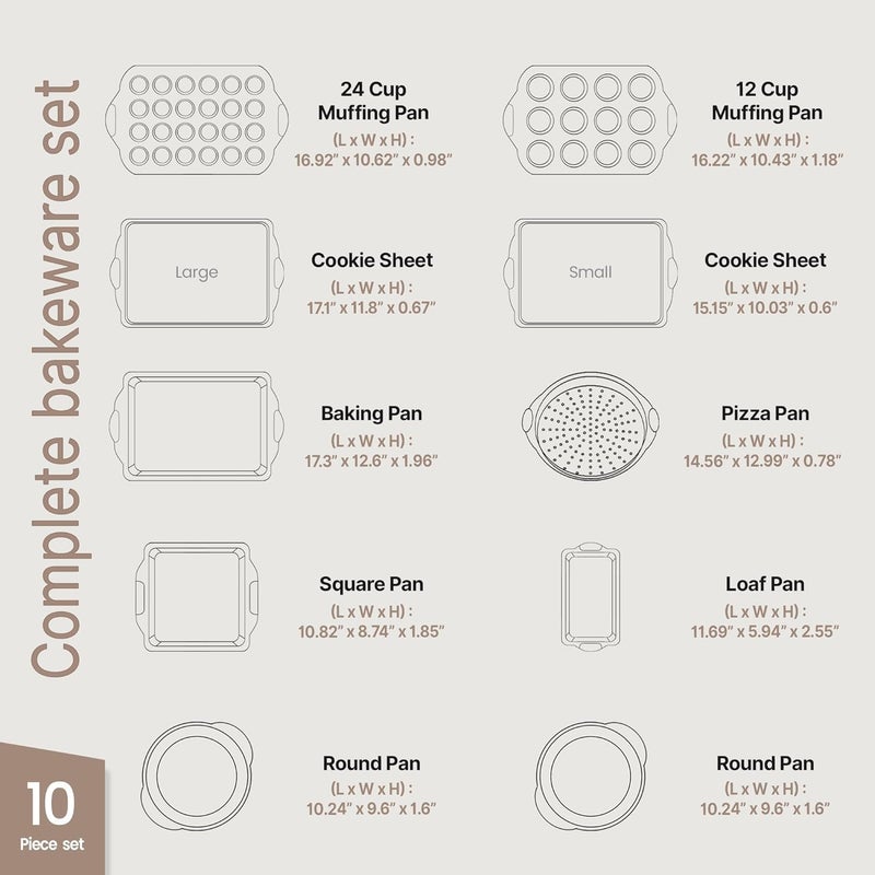 BAKKENMASTER BAKKEN Kitchen Oven Baking Pans - Nonstick Gray Coating, Carbon Steel Bakeware Set with White Silicone Handles, Commercial Restaurant Quality Pans, PFOA, PFOS, PTFE Free, Oven Safe (450° F), Set of 10 - Image 2