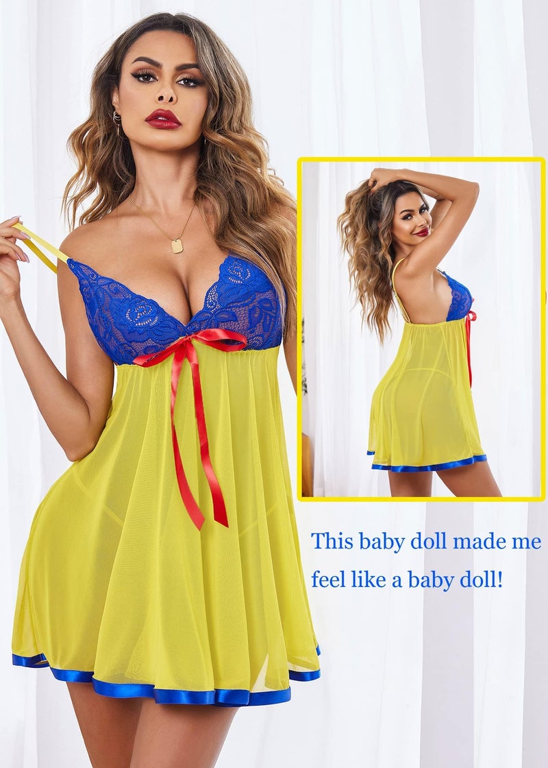 GirlFriend Women's Lingerie Lace Babydoll Strap Chemise Mesh Sleepwear Outfits (Blue Yellow) - Image 3
