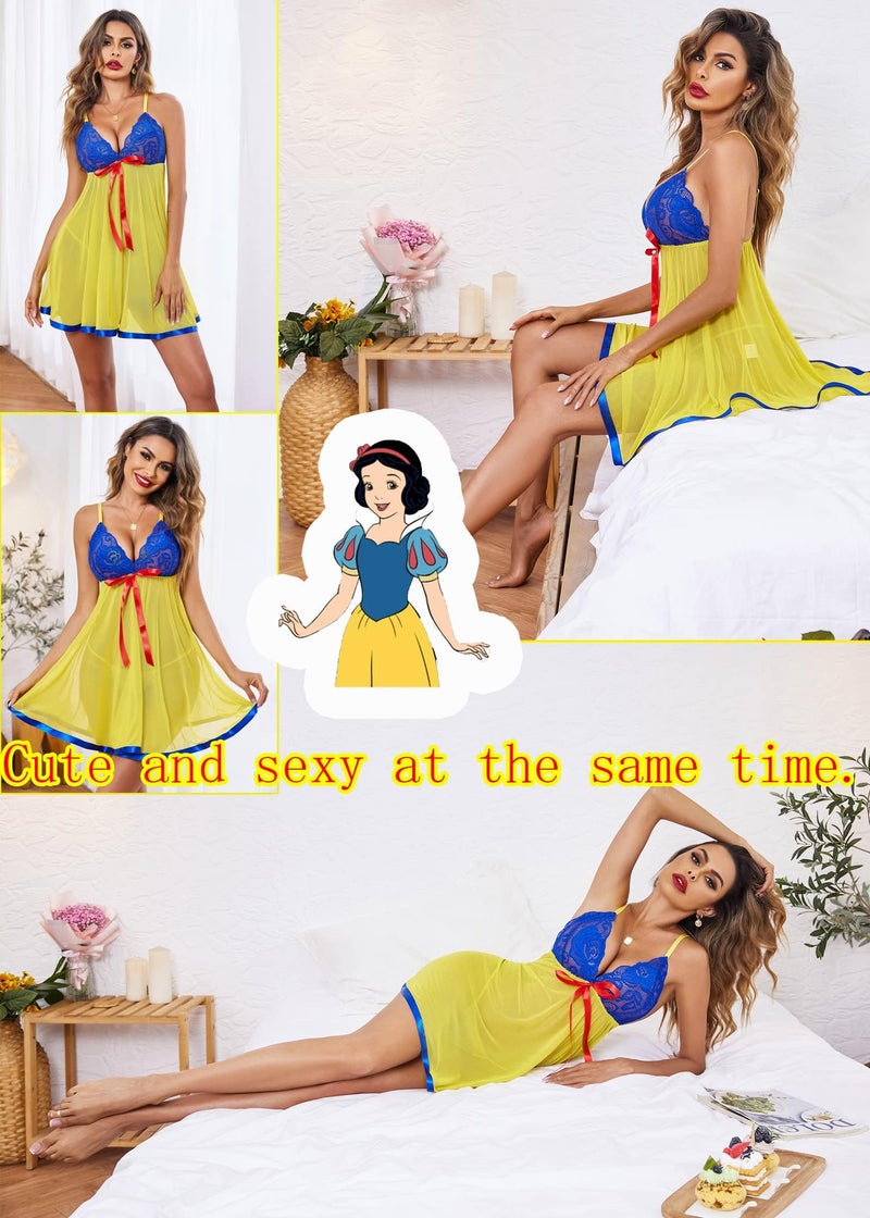 GirlFriend Women's Lingerie Lace Babydoll Strap Chemise Mesh Sleepwear Outfits (Blue Yellow) - Image 5