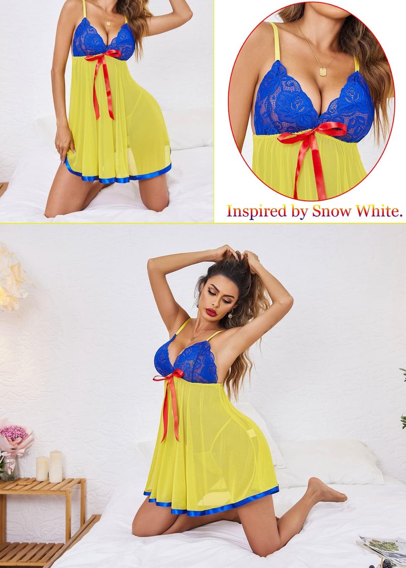 GirlFriend Women's Lingerie Lace Babydoll Strap Chemise Mesh Sleepwear Outfits (Blue Yellow) - Image 4