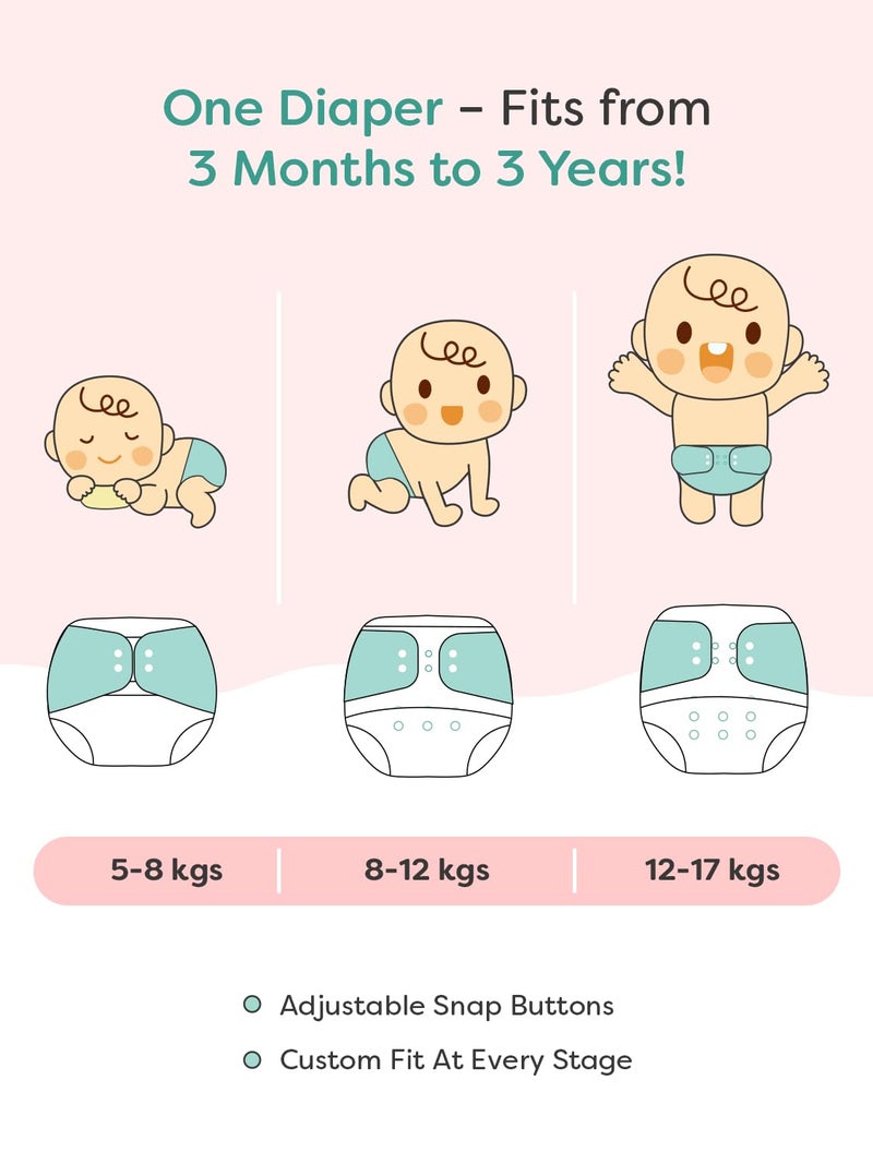 Superbottoms حفاضات قماش متقدمة مضادة للتسرب من سوبر بوتومز الأساسية للأطفال، حزمة كومبو تحتوي على 7 حفاضات قابلة لإعادة الاستخدام و7 وسادات إدخال، قابلة للغسل، مناسبة من 3 أشهر إلى 3 سنوات قابلة للتعديل - Image 5