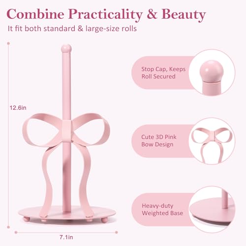 Shinlar Pink Bow Paper Towel Holder Coutertop Bow Accent Paper Towel Holder Pink Kitchen Decor and Accessories Coquette Room Decor Girly Gifts for Women 3D Handmade Pattern Weighted Base - Image 3