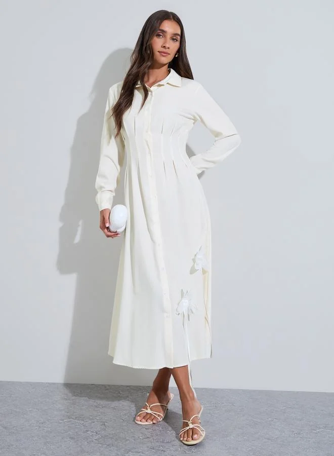 Cream Gathered and Flower Details Long Sleeves Shirt Midi Dress