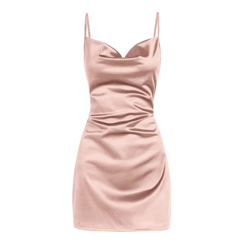 ZAFUL Women's Satin Sleeveless Spaghetti Strap Mini Dress Sexy Slip Cowl Neck Silky Cocktail Party Dresses(Pink-F, S) - Image 4