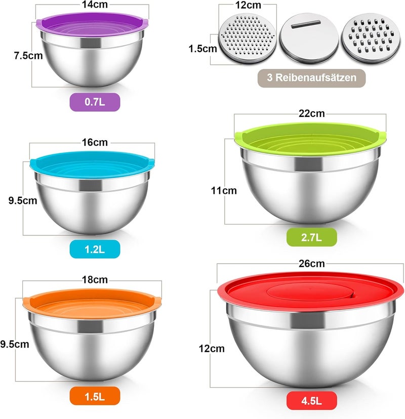 Herogo Mixing Bowl, Set of 5, Colourful, Stainless Steel Bowl with Airtight Lids, Metal Salad Bowl with 3 Grater Attachments for Preparing/Baking/Serving/Storage/Mixing, Dishwasher Safe - Image 2