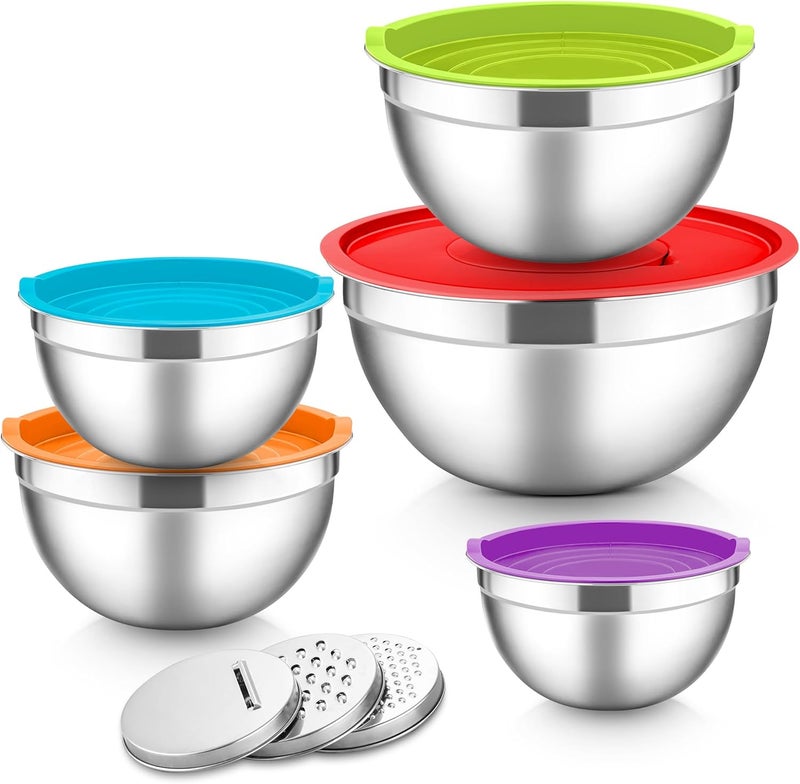 Herogo Mixing Bowl, Set of 5, Colourful, Stainless Steel Bowl with Airtight Lids, Metal Salad Bowl with 3 Grater Attachments for Preparing/Baking/Serving/Storage/Mixing, Dishwasher Safe - Image 1