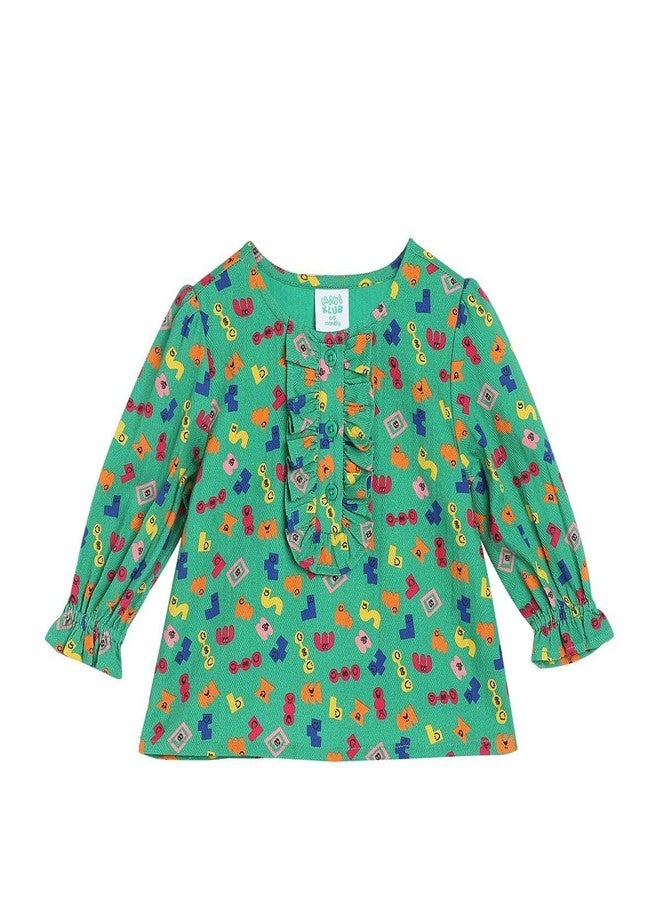 miniklub Baby Round Neck 3/4Th Sleeve Woven Cotton Green Color Top (9-12M) - Image 1