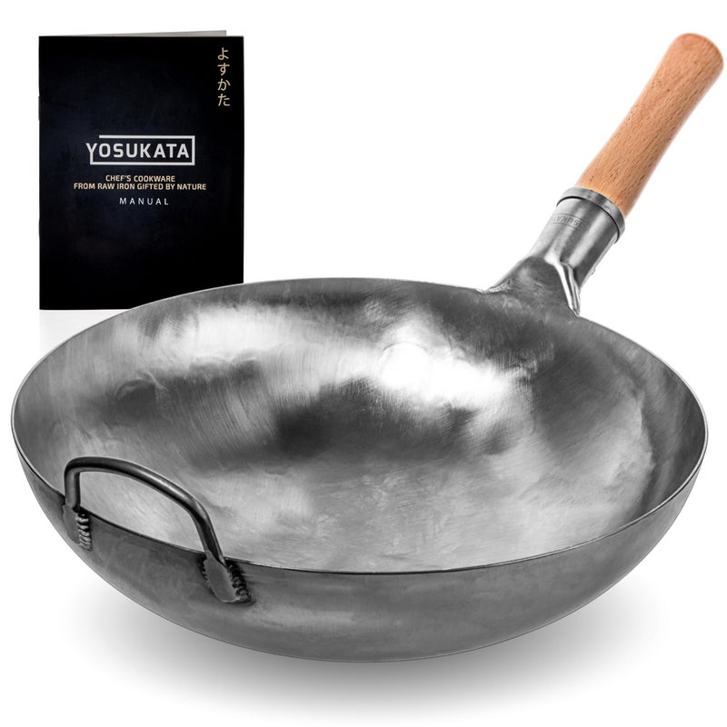YOSUKATA Silver Round Bottom Wok and Stir Fry Pans 14 in Chinese Hammered Carbon Steel Pow Wok  Traditional Chinese Japanese Asian Cookware 14 Silver