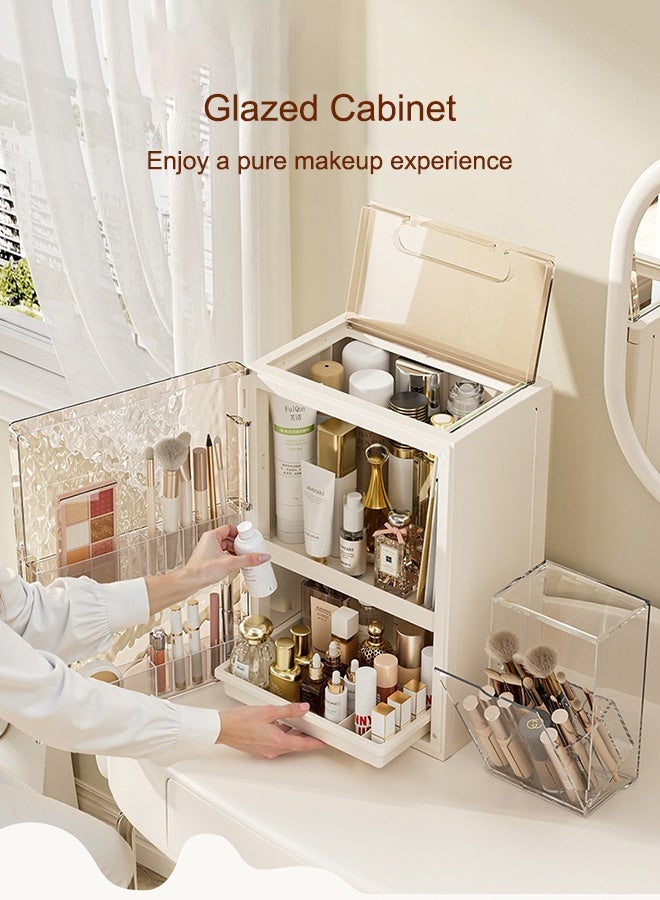 منظم مكياج بسعة كبيرة مع أدراج وغطاء - مقاوم للغبار والماء لتخزين مستحضرات العناية بالبشرة للحمام أو الغرور - Image 3