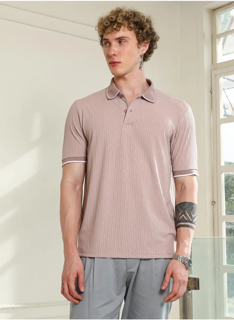 Campus Sutra Light Pink Textured Polo T-shirt with Contrast Detailing