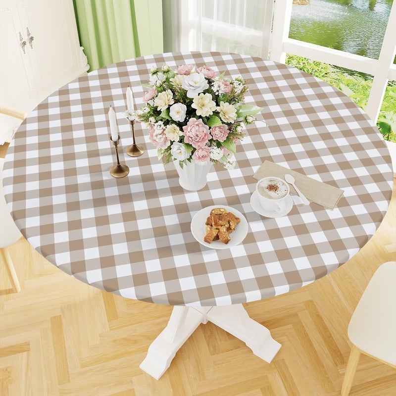 smiry Round Picnic Table Cloth, Elastic Waterproof Fitted Vinyl Tablecloth for 45"-56" Tables, Flannel Backed Buffalo Plaid Table Covers for Dining, Camping, Outdoor, White and Khaki - Image 1