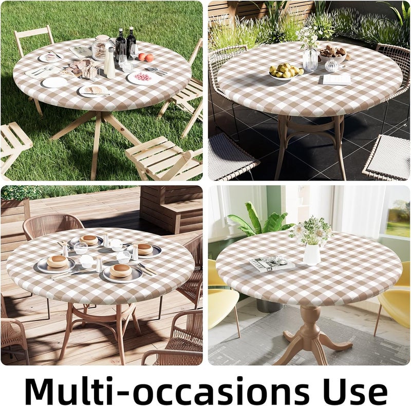 smiry Round Picnic Table Cloth, Elastic Waterproof Fitted Vinyl Tablecloth for 45"-56" Tables, Flannel Backed Buffalo Plaid Table Covers for Dining, Camping, Outdoor, White and Khaki - Image 5