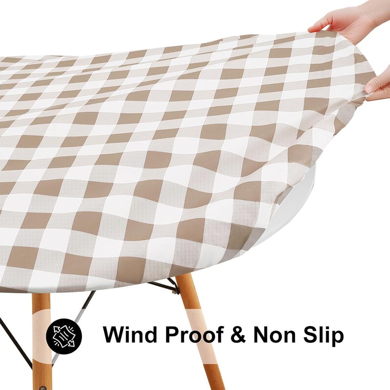 smiry Round Picnic Table Cloth, Elastic Waterproof Fitted Vinyl Tablecloth for 45"-56" Tables, Flannel Backed Buffalo Plaid Table Covers for Dining, Camping, Outdoor, White and Khaki - Image 2