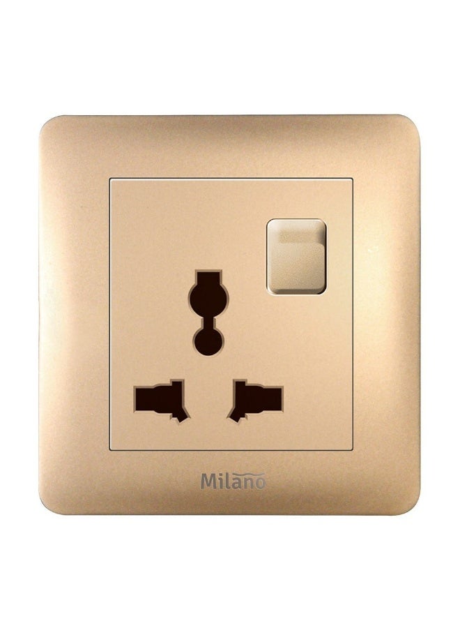 DANUBE HOME Milano 16A 3-Pin Universal Socket With Switch For Electric Circuit - Piano Gold Finish Durable Polypropylene Electrical Socket Indoor Lighting Fixture Home Electronic Accessories - 8X8X4Cm
